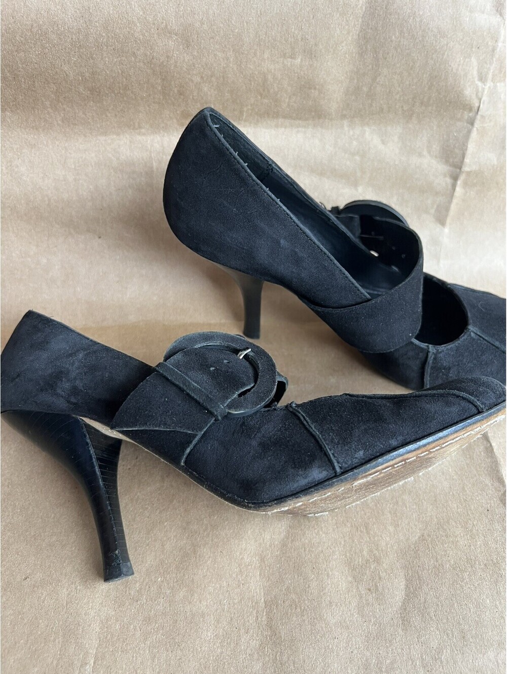 Pelle Moda Mary Jane Style Buckle Shoes Black Heel Round Toe Size 7.5